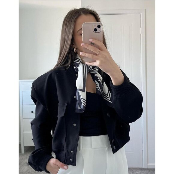 Women Black Cropped Bomber Jacket Button Down Varsity Shacket with Pockets - Picture 3 of 5